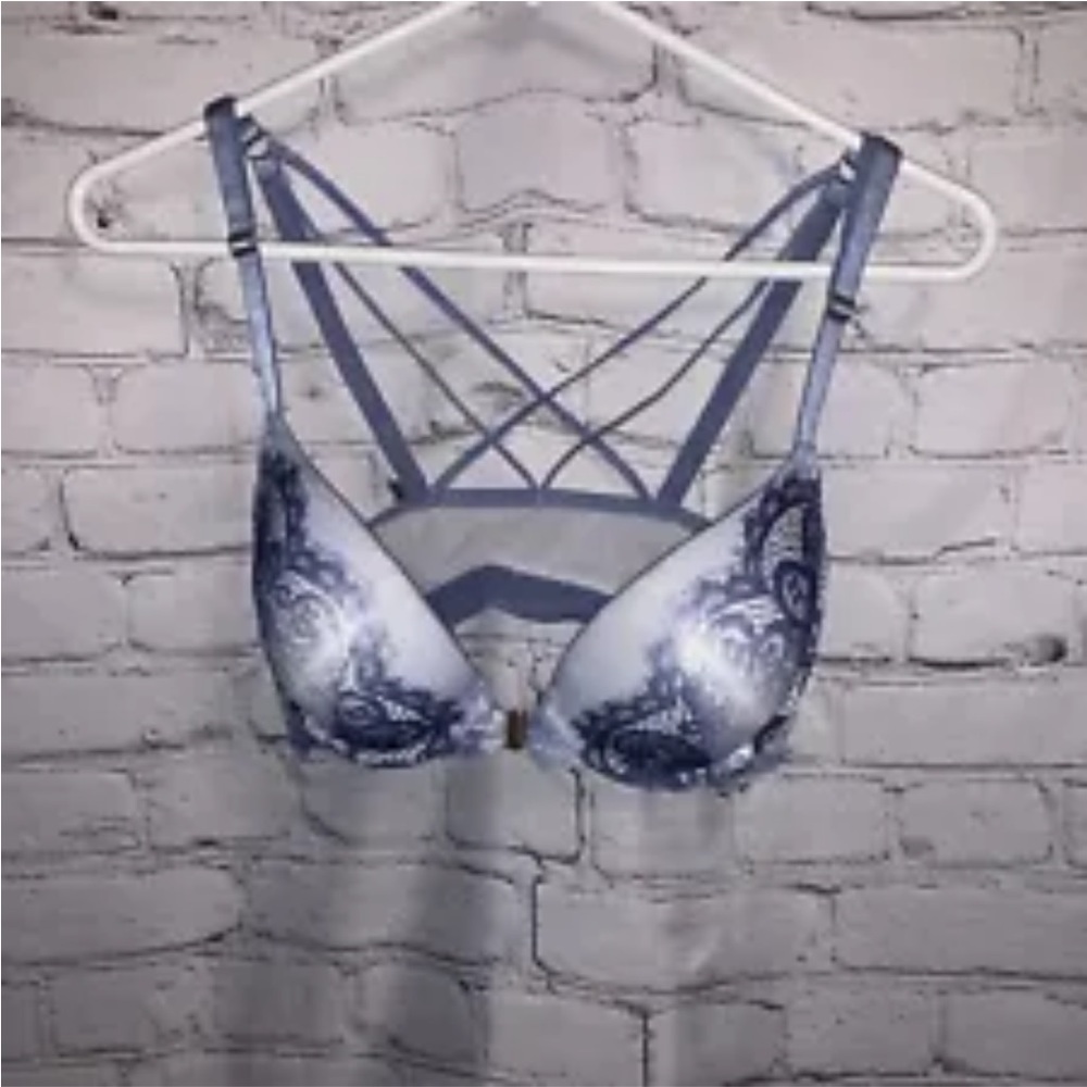 Victorias Secret PINK 32DD Very Sexy Push-up Bra Blue Floral LaceUp Front Close - Picture 3 of 6